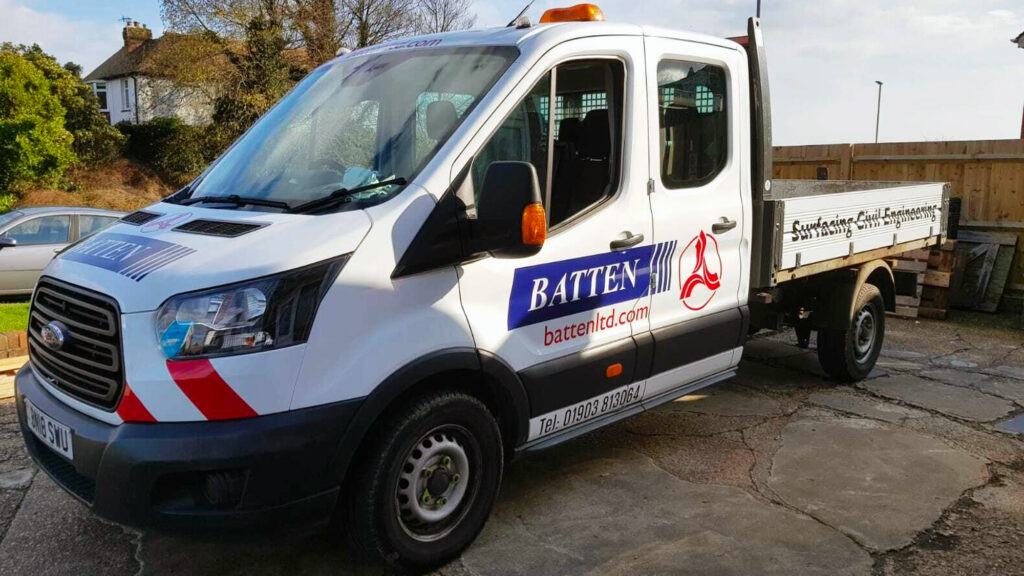 A selection of van decals on a pick-up truck for Civil Engineering company