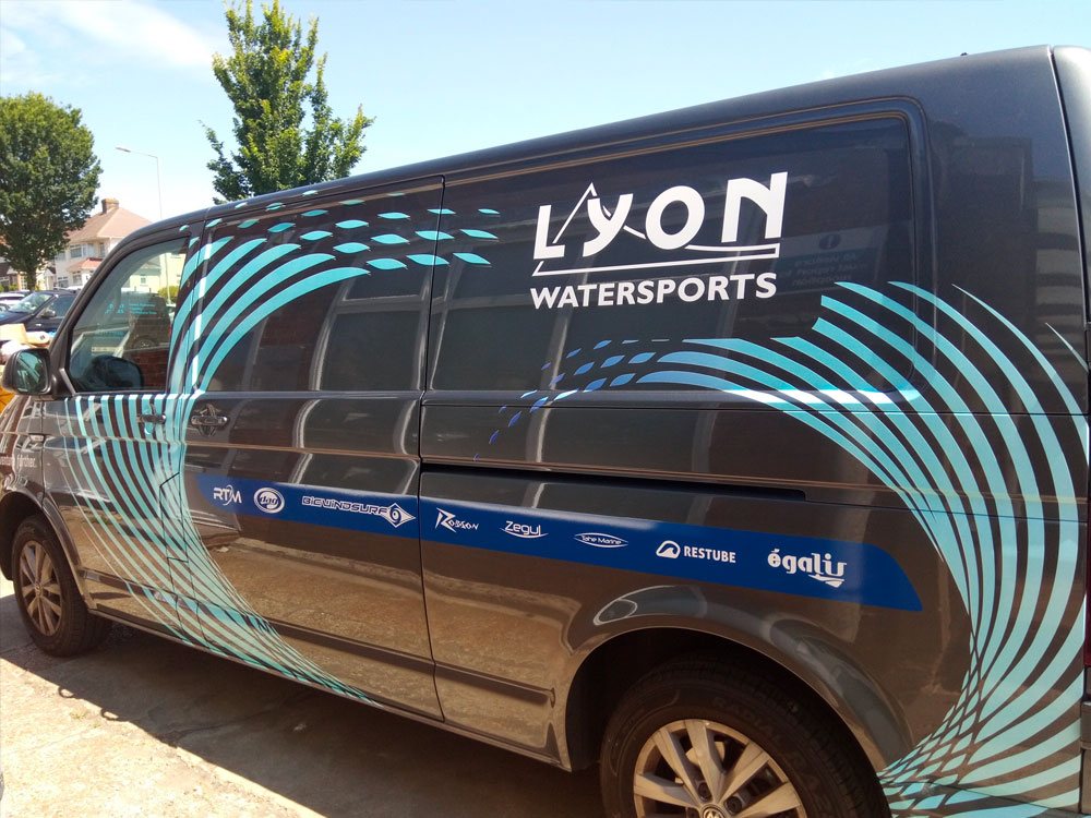 Stunning van wrap with metallic waves for Lyon Watersports